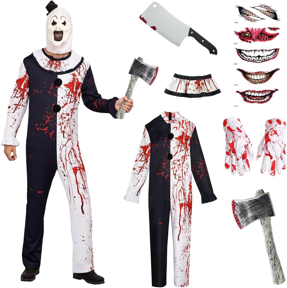Griezelige clown kostuum voor Halloween, angstaanjagende decoratie en feestaccessoires