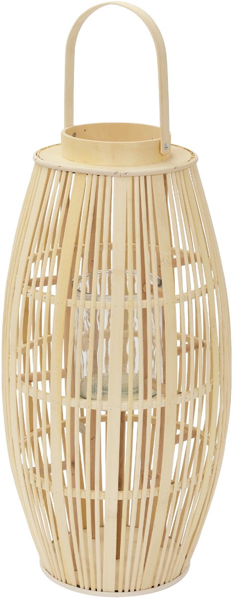 Bamboe lantaarn, windlicht H: 75 cm houtkleur, boho tuinlantaarn met handvat & glazen inzet, rieten kaarsenhouder