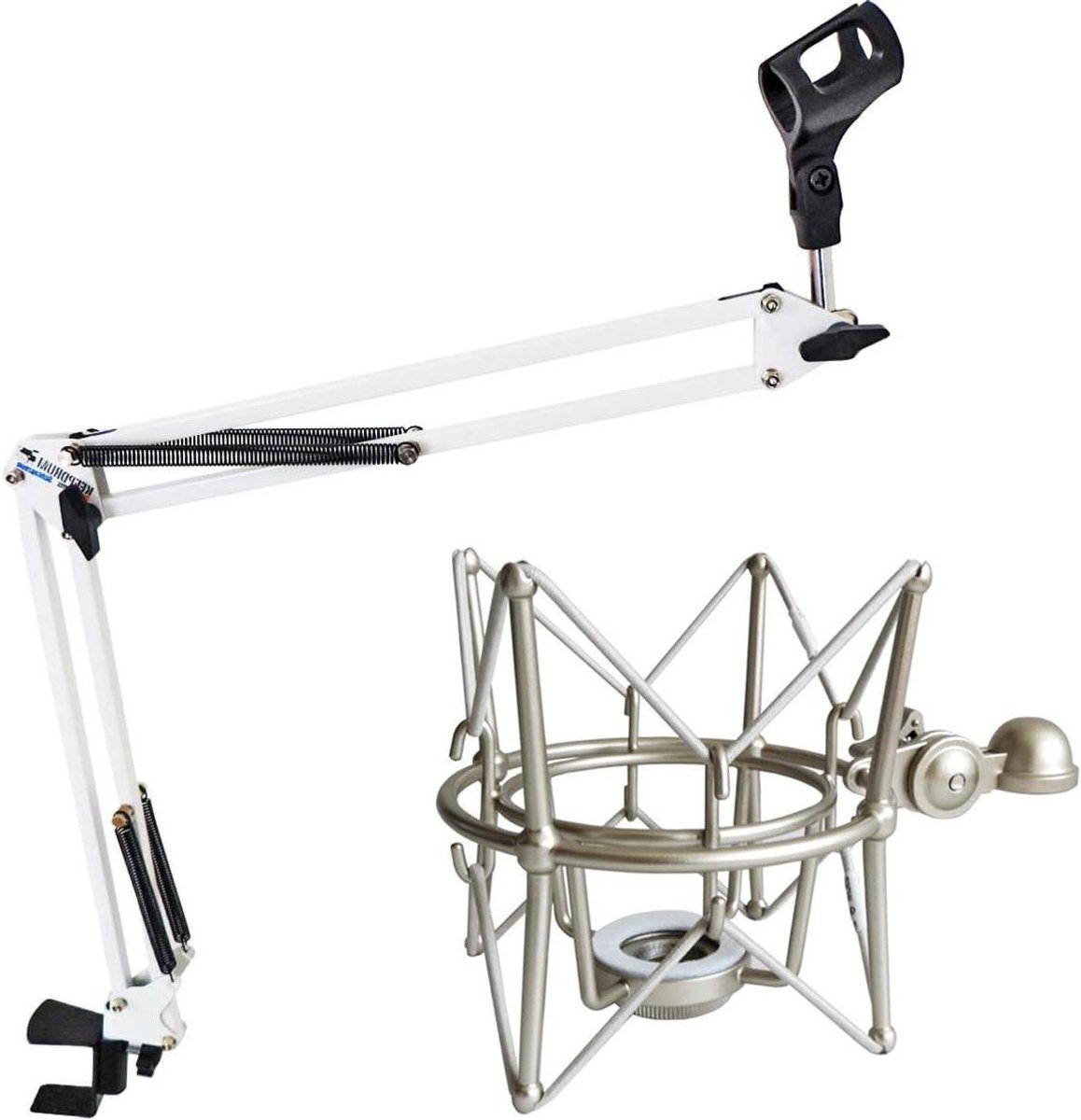 Microfoonstatief met Spin - Scharnierarm Statief - Podcasting Opnames - 360 Graden Draaibaar - 50 mm Tafelklemming - Wit Zilver