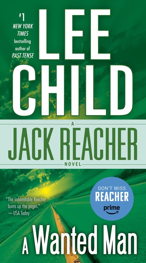 Boek 'A Wanted Man' van Lee Child, een Jack Reacher-roman. Groene en gele achtergrond met tekst.