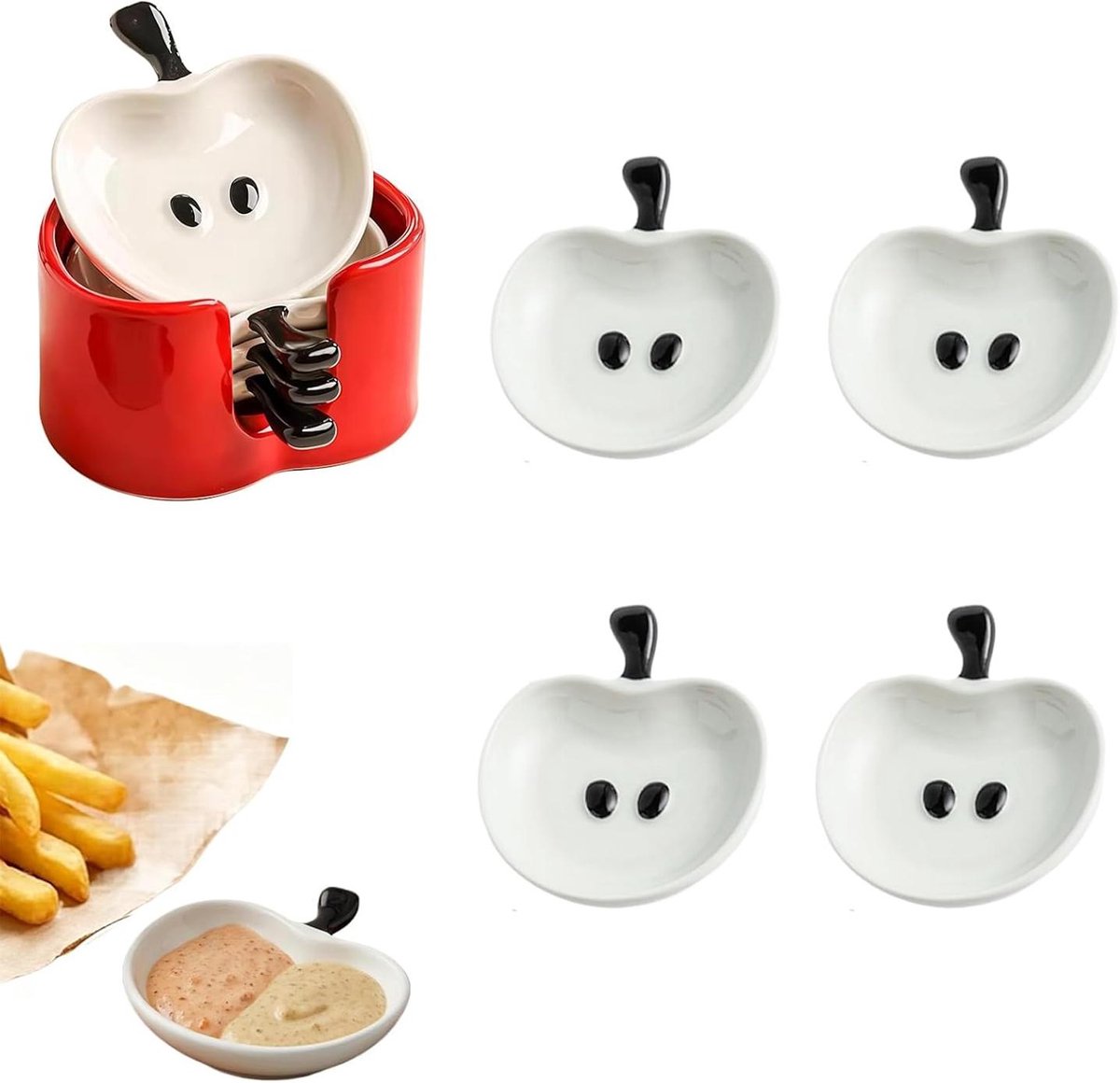 longziming -Stapelbare Keramische Dip-Schälchen - Appel Motief Kommetjes - Snack Schalen - Stapelbaar Ontwerp - Magnetronbestendig - Geglazuurd Keramiek - Geschmacksneutral - Ruimtebesparend Opslaan - 4 Stuks