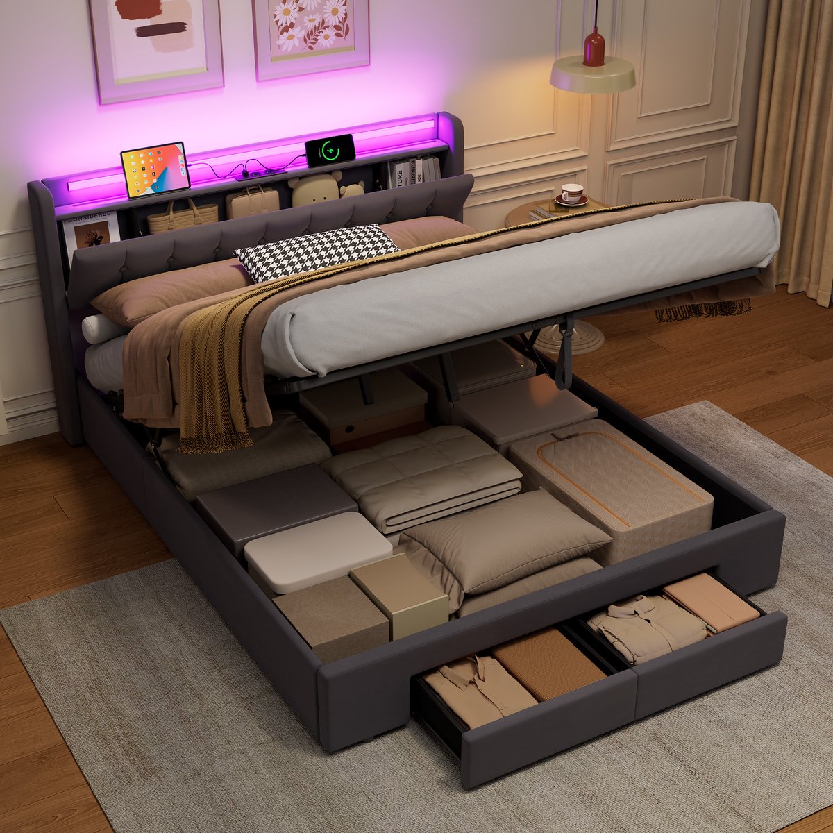 Wishdor Gestoffeerd Bed met LED & USB - Tweepersoonsbed 160x200 cm - Hydraulisch & 2 Lades - Fluweel Donkergrijs