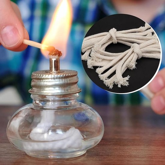 Olielamp Lont - 12 stuks - Lont - Brander - lont houder van glas - Aansteeklont - Touw - Katoen - 18.5cm - Diameter 6mm — afbeelding 4