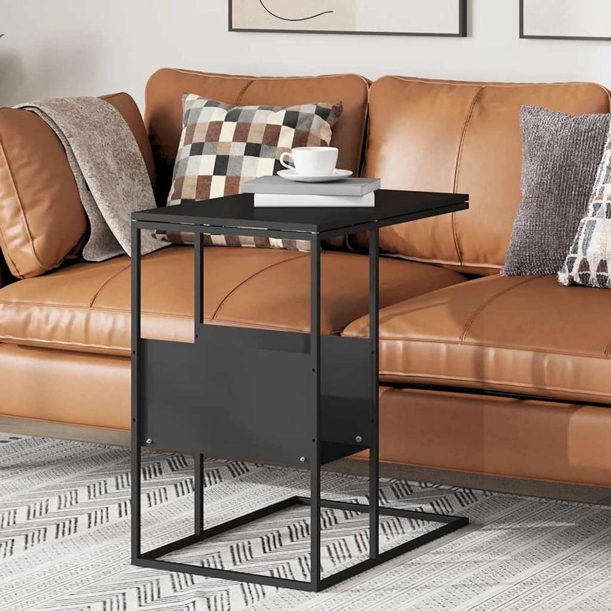 Bijzettafel C-vorm - Salontafel Bedtafel - Naast de bank - IJzeren frame - 55x36x595 cm - Zwart