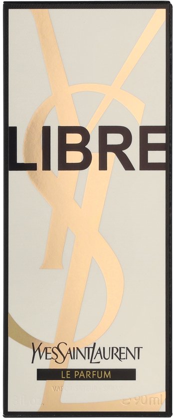 Doos met YSL LIBRE LE PARFUM in gouden letters op een crèmekleurige achtergrond.