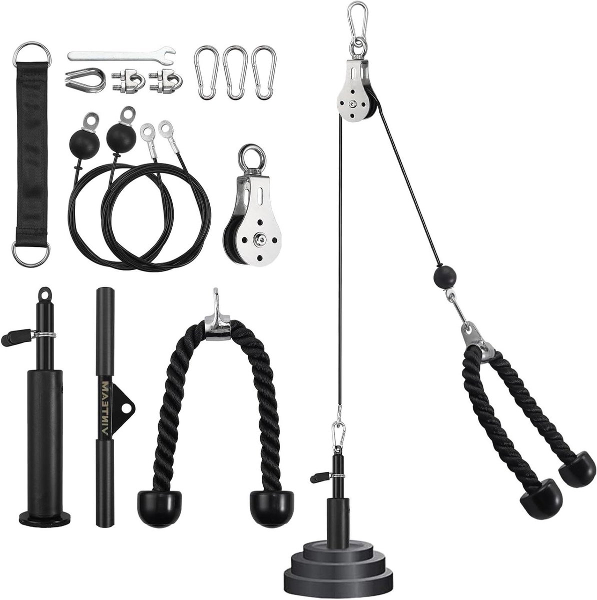 Kabelmachine Fitness - Kabelkatrolsysteem Krachttraining - Spieropbouw Thuis - 3 Afneembare Handvatten - 2 Kabellengtes - Zwart