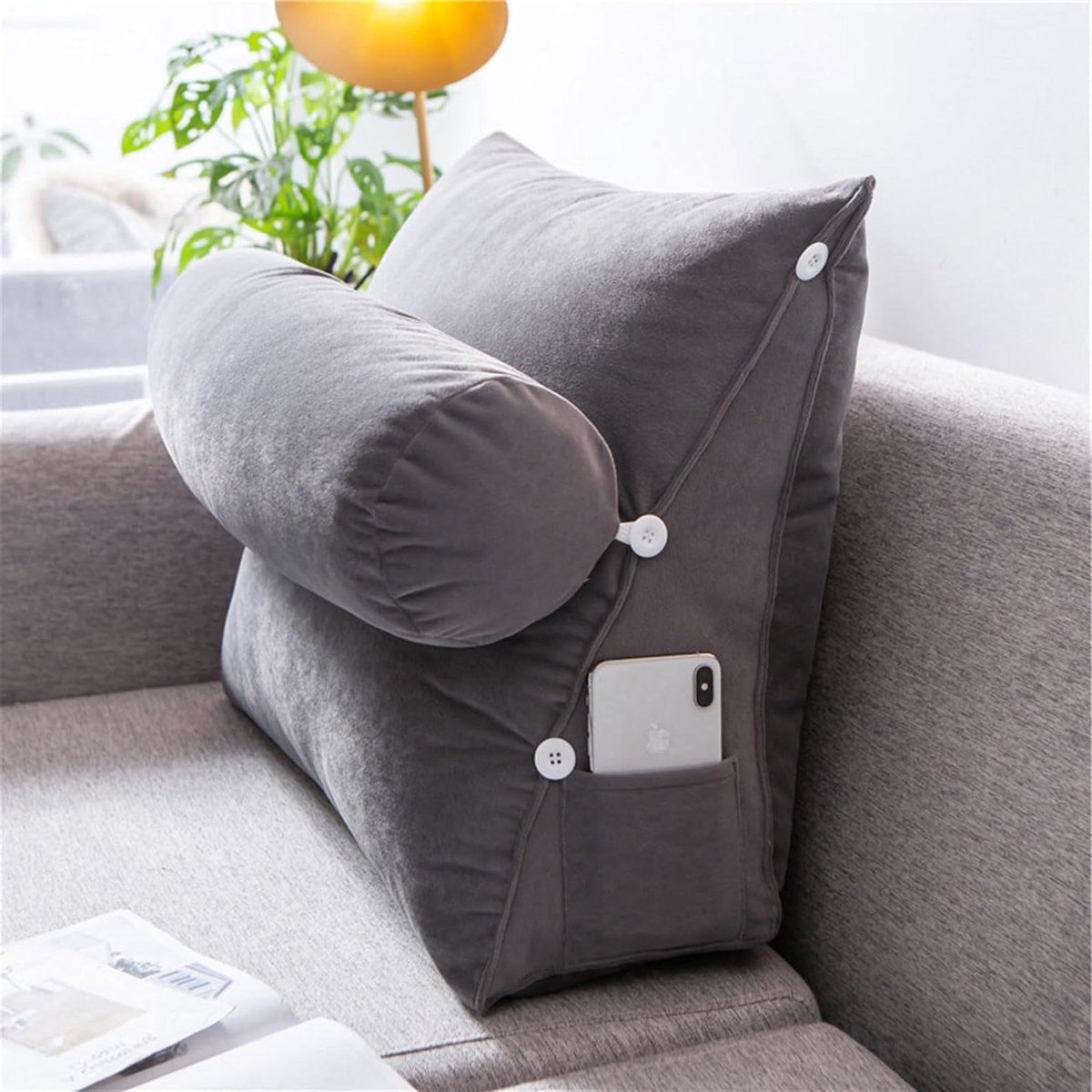 Wigkussen - Driehoekig Leeskussen - Comfortabel Lezen - Verstelbare Hoofdsteun - 60x50cm - Grijs