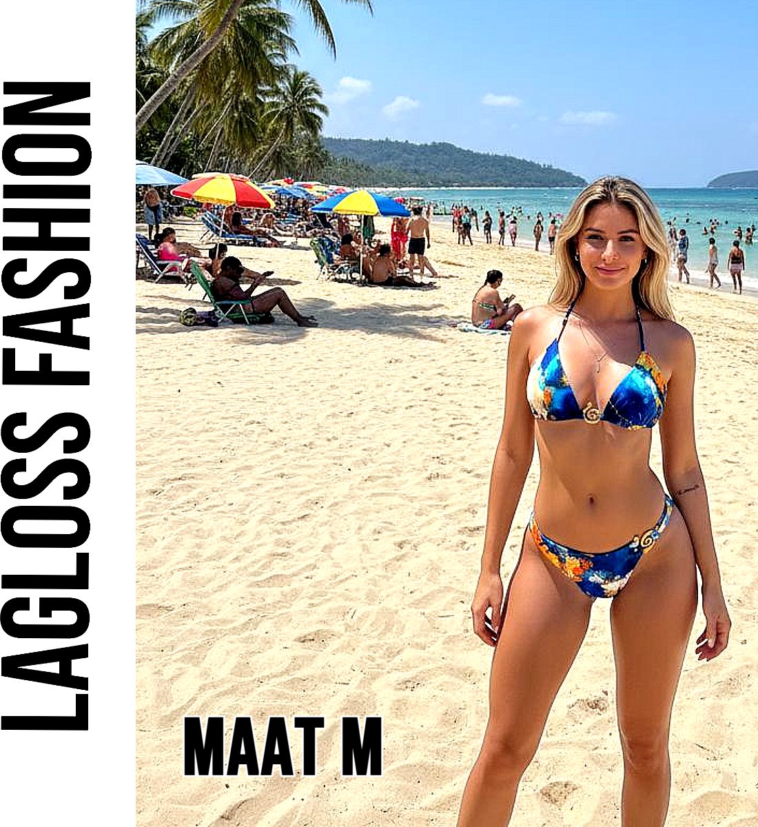 LaGloss® 2-delig Dames Bikini Set met Oceaanblauw Aquarelprint – Haltertop – Diepe V-hals – Goud Detail – Strandmode – Beach Fashion – Maat M