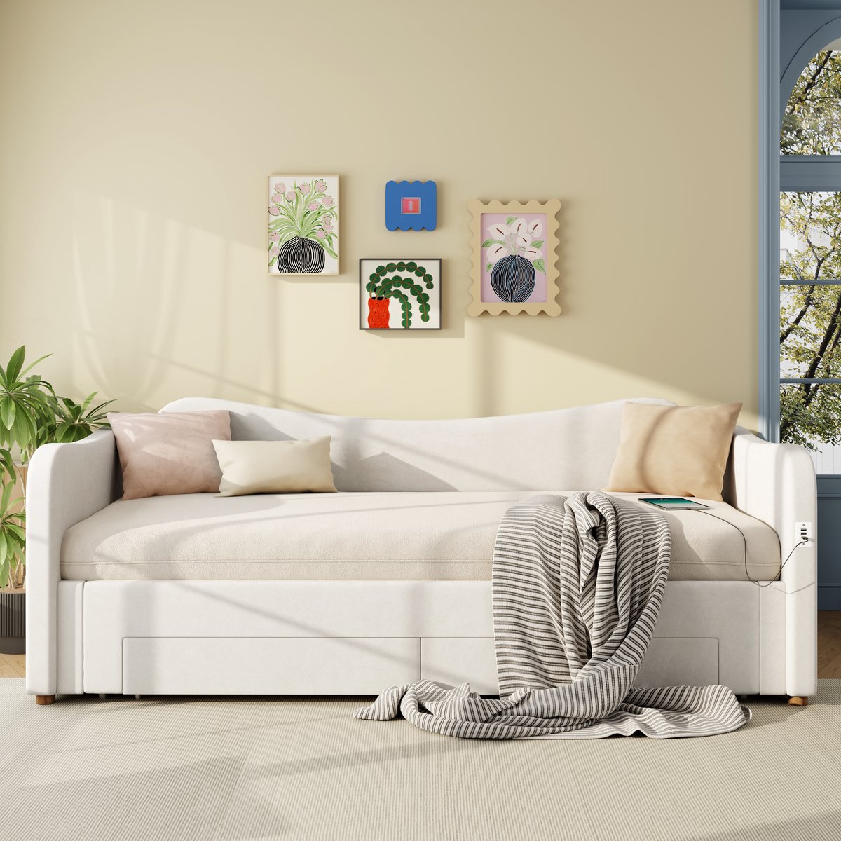 Slaapbank 90x200 cm - met uitschuifbaar bed - met lade - met USB-poort - beige - fluweel - zonder matras