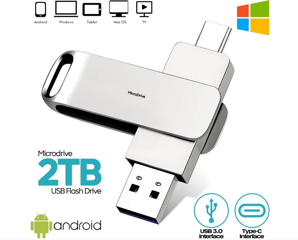 MicroDrive - Snelle USB Flash Drive 2TB Foto Video Opslag Usb Stick, Foto´s Video´s - USB Stick 2TB - Flashdrive geschikt voor USB 3.0/ USB-C / Android 2TB - Flash Drive 4 In 1