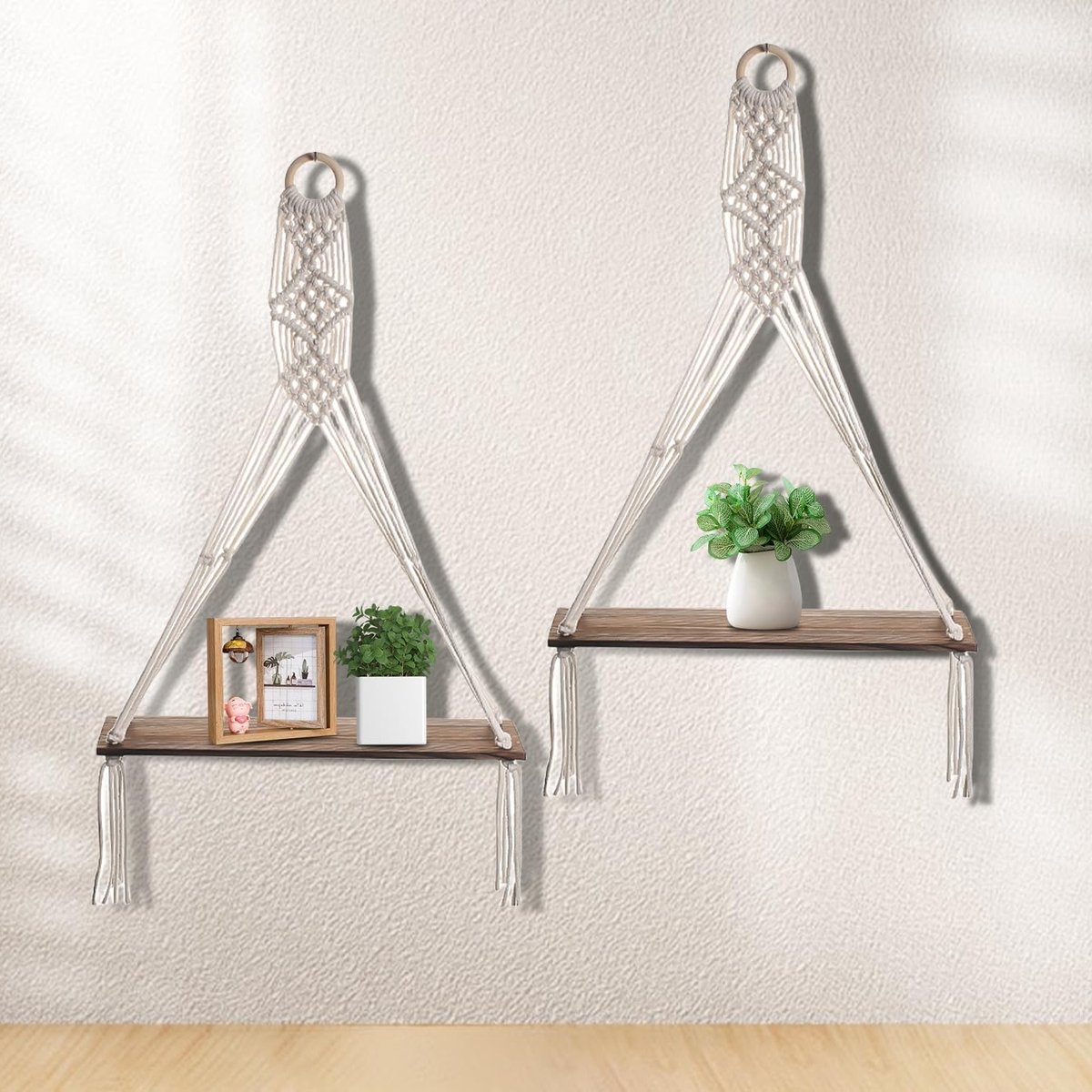 Set van 2 Wandplanken van Hout met Macramé, Boho Wanddecoratie, Drijvend Plankje, Handgemaakt en Natuurlijke Materialen voor Woonkamer en Slaapkamer