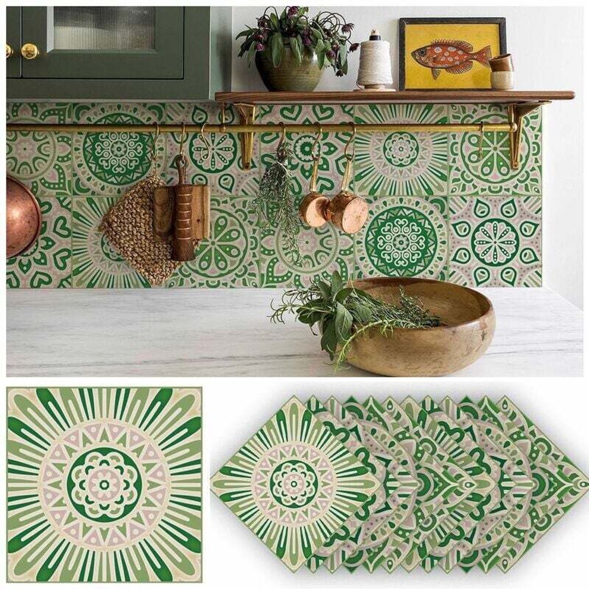 20 cm (7,8 inch) 12-delige vintage groene muursticker, afneembaar, zelfklevend vinylgeschikt voor achterwand in de keuken, woondecoratie, achterwand in de woonkamer/slaapkamer, verfgeschikt voor keukentegels.