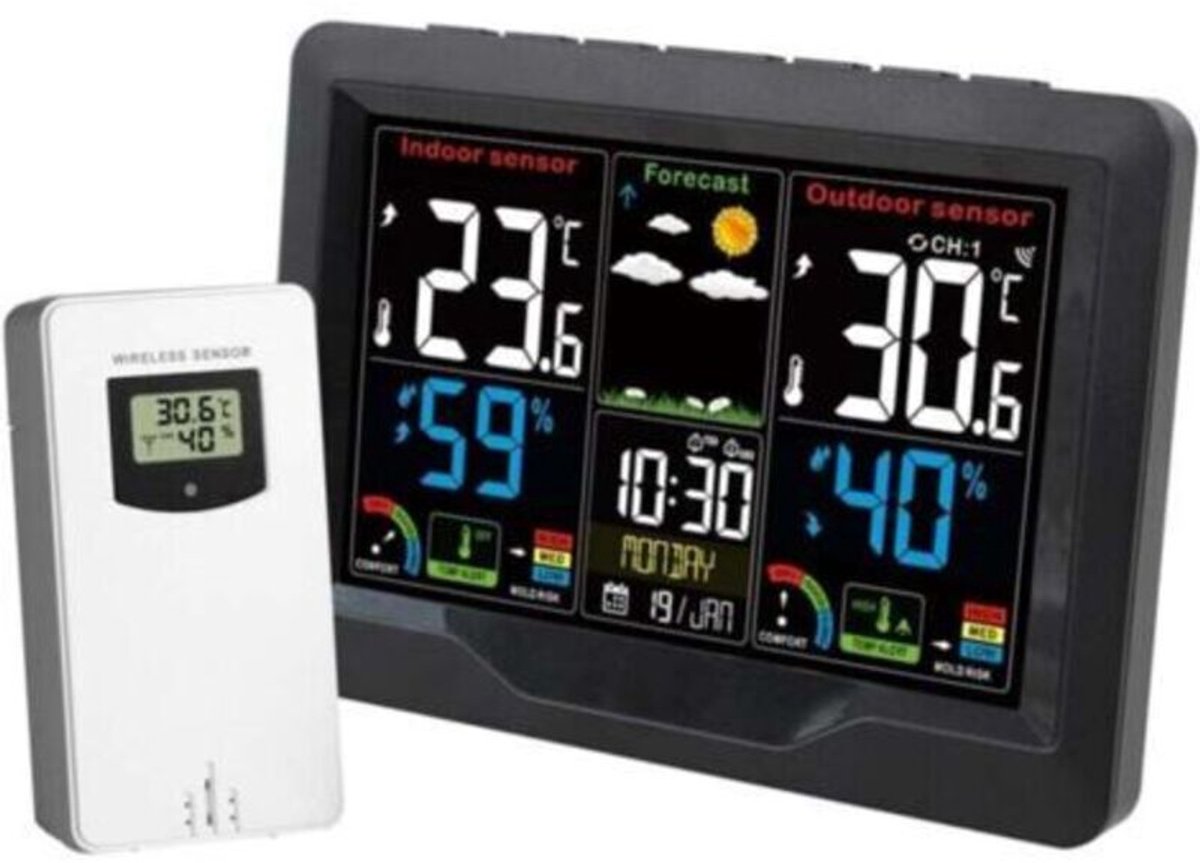 Kleurenscherm weerklok geschikt voor sensoren, binnenthermogeschikt voorer en hygrogeschikt voorer, USB-oplaadbare wekker