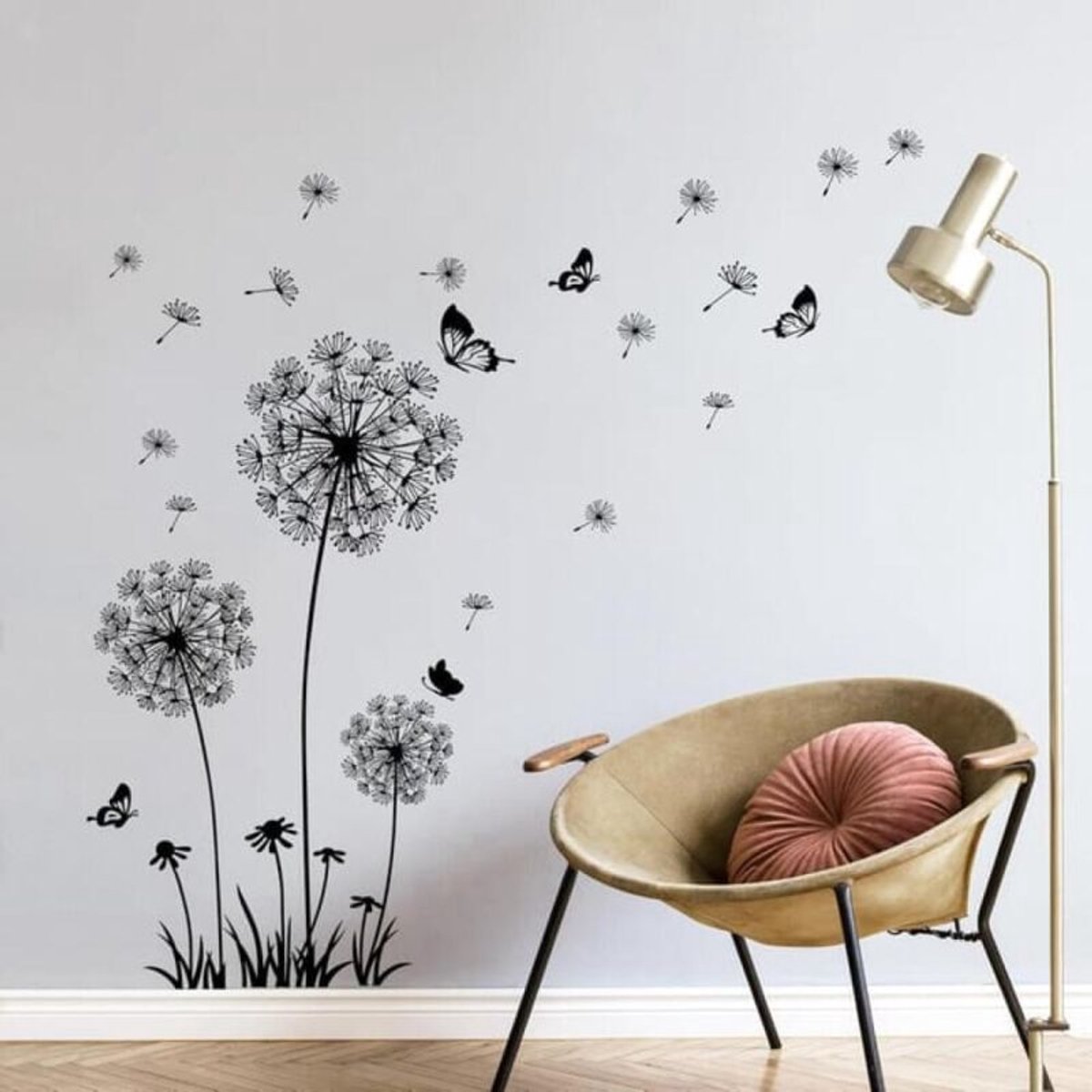 Muursticker geschikt voor zwarte paardenbloem, verwijderbare vlindersticker, geschikt voor woonkamer, slaapkamer, kantoor en wanddecoratie.