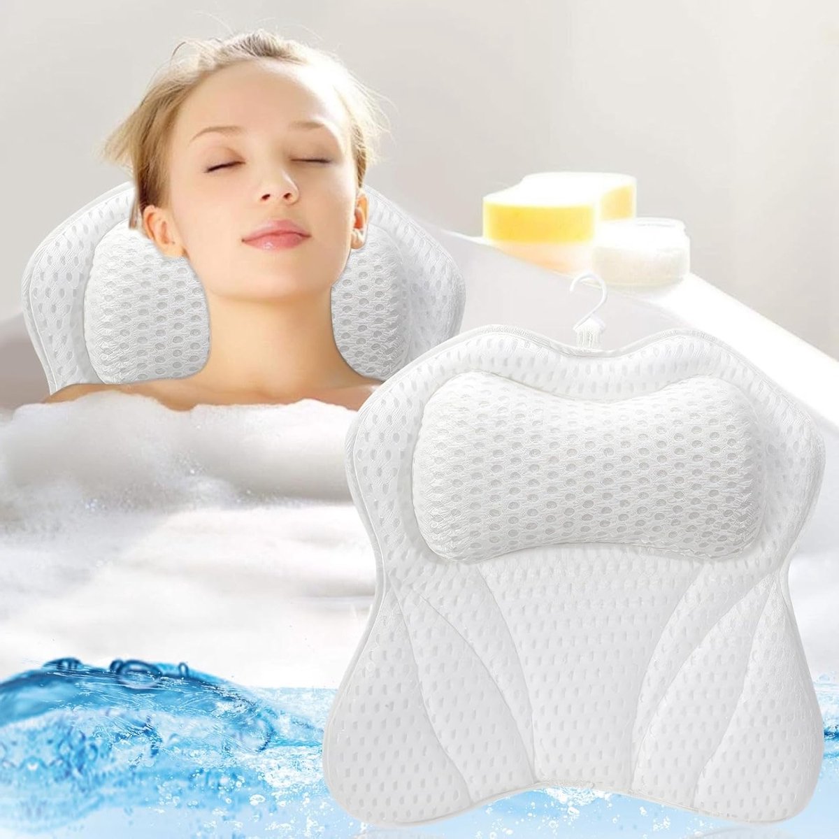 Thijox - 4D Ergonomisch Badkussen met 6 Zuignappen - Ademend Mesh Antislip Badkussen voor Hoofd, Nek, Schouders en Rug - Verwijderbaar en Ideaal voor
