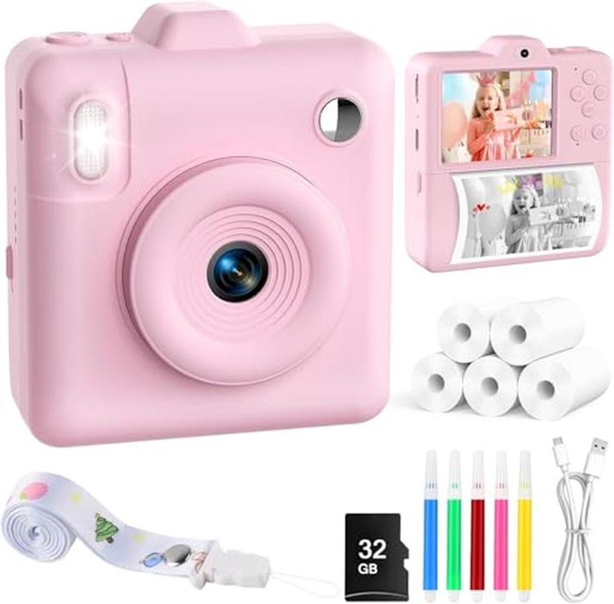 Kinder Camera - Direct Print Camera - Momenten Vastleggen - Direct Zwart-Wit Printen - 32GB Inclusief - Roze