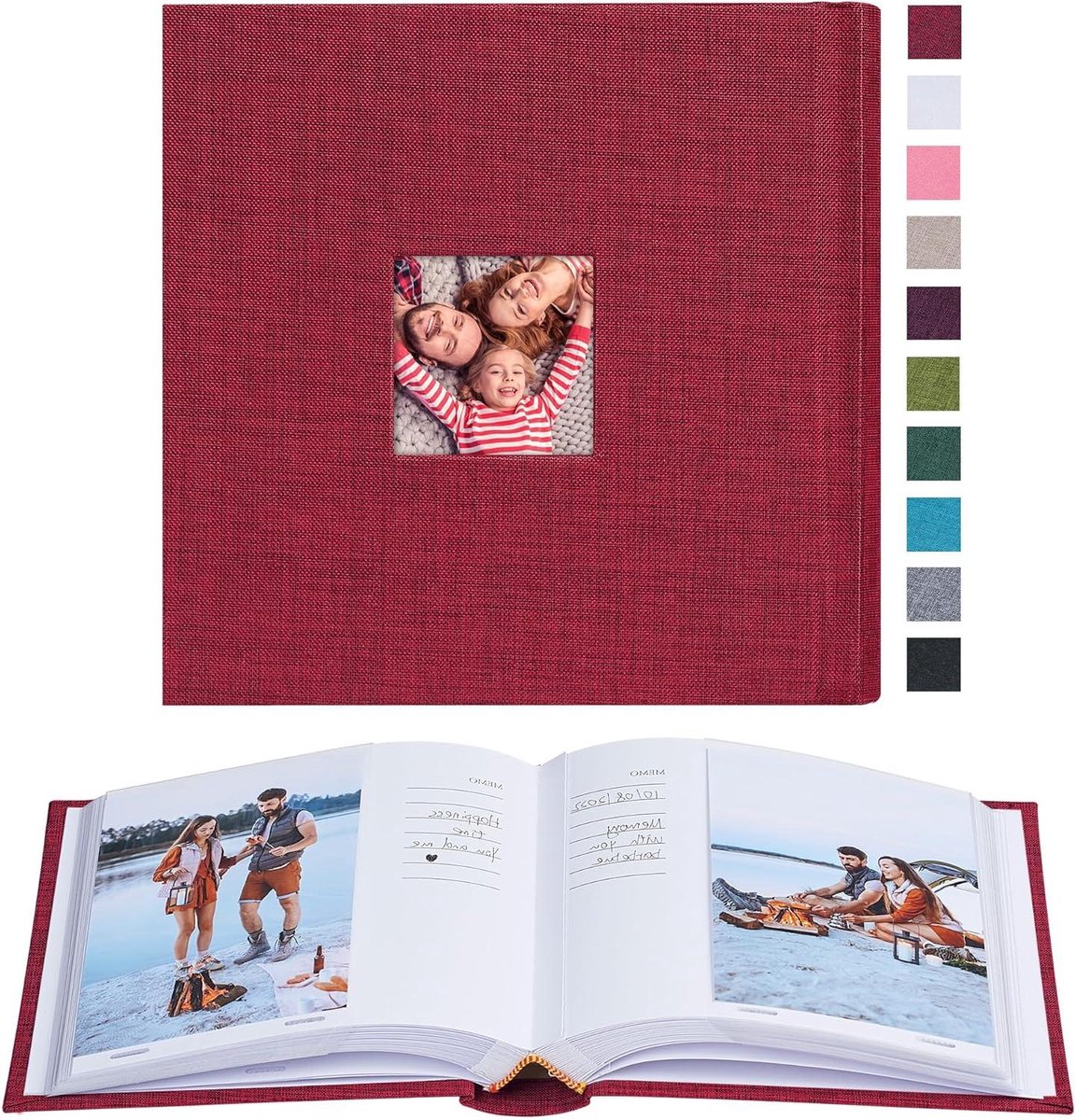 Fotoalbum Linnen - Fotoboek Kaarten - Herinneringen Bewaren - Met Memo Ruimte - 100 Foto's - Rood