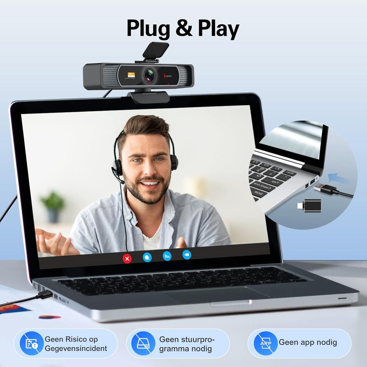4K Streaming Camera - Webcam PC - Professionele Conferenties - 120° Ultra-Wide Hoek - 1080p@60FPS - Zwart thumbnail 2