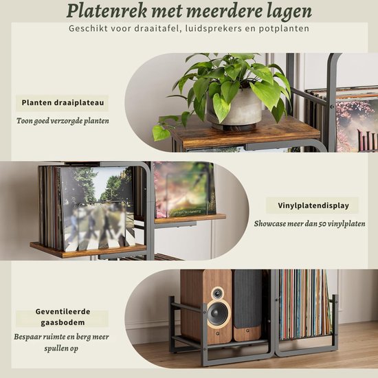 SNJY® Platenspeler Meubel - Platenspeler Kast - LP Houder - Platenhouder - 30D x 60B x 102H cm - Zwart/Bruin — afbeelding 3