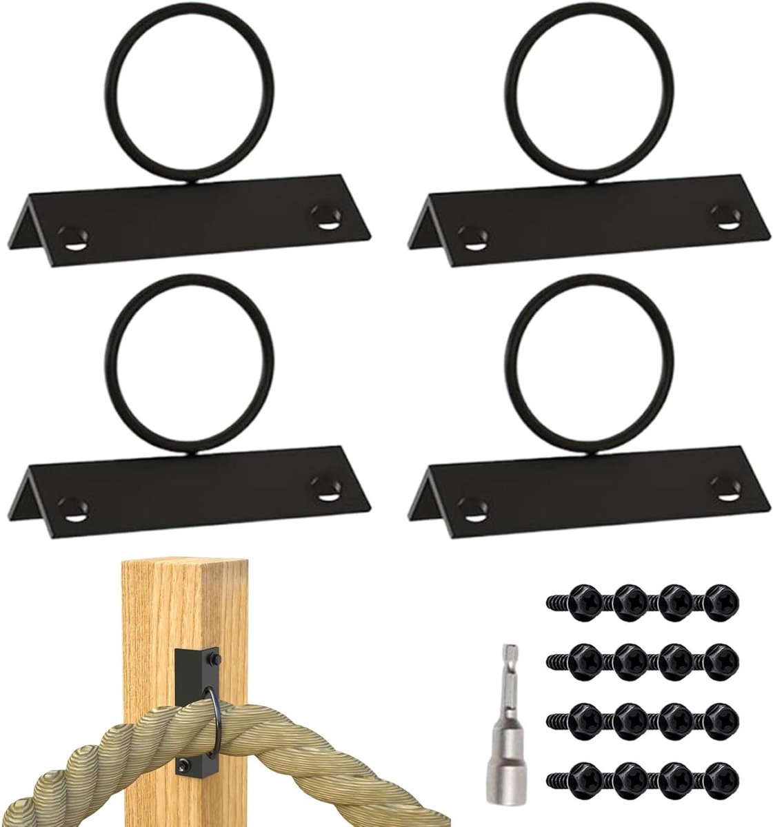 Touwhouder Beugel - Decoratieve Ring - Opgeruimd Buiten - Roestbestendig Staal - 4 Stuks - Zwart