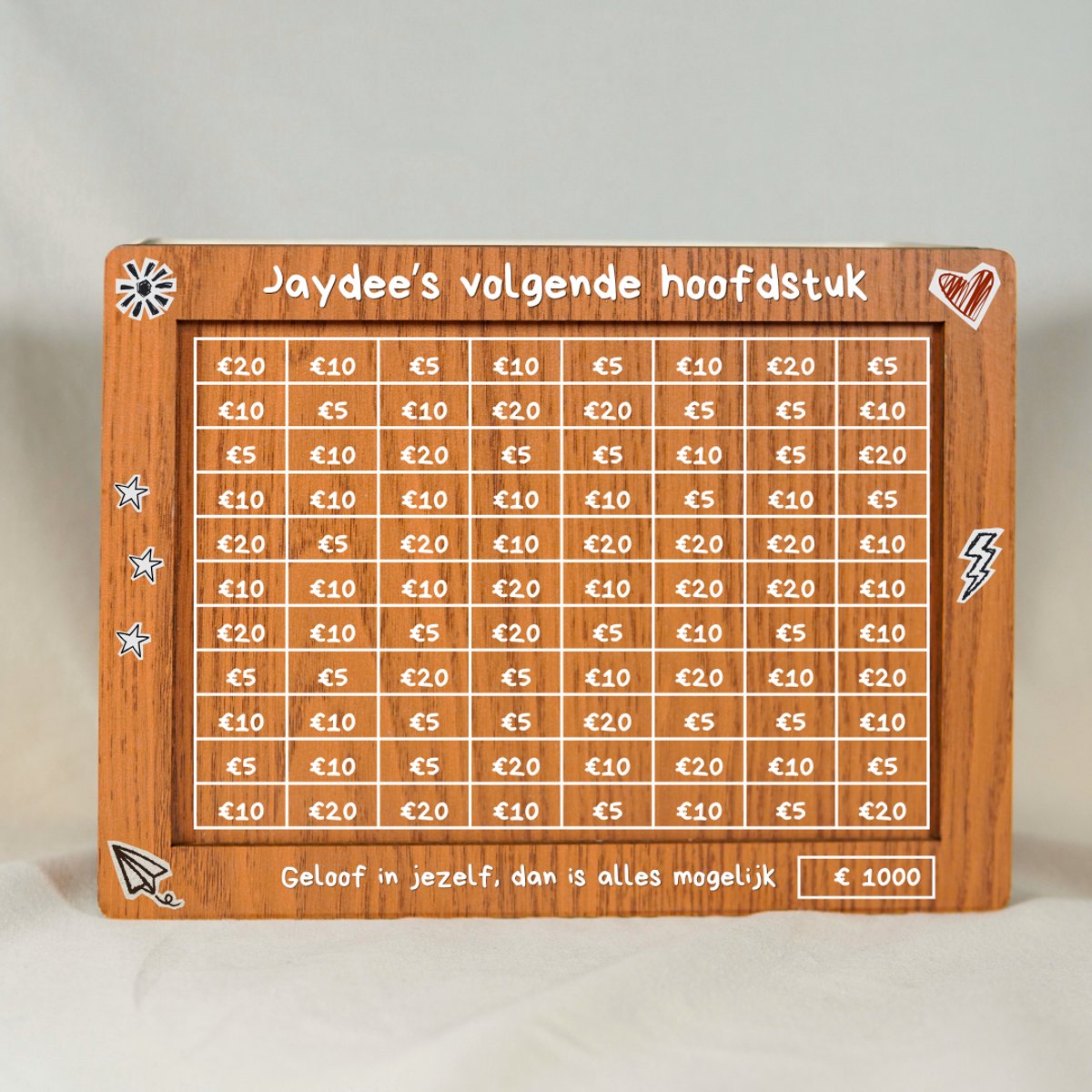 Gepersonaliseerd geslaagd cadeau diploma - Houten spaarpot met naam €1000 - Trots op jou cadeau eindexamen - 20x6x15 cm