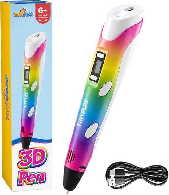 TinyPlay regenboog 3D-pen met oplaadkabel en verpakking.