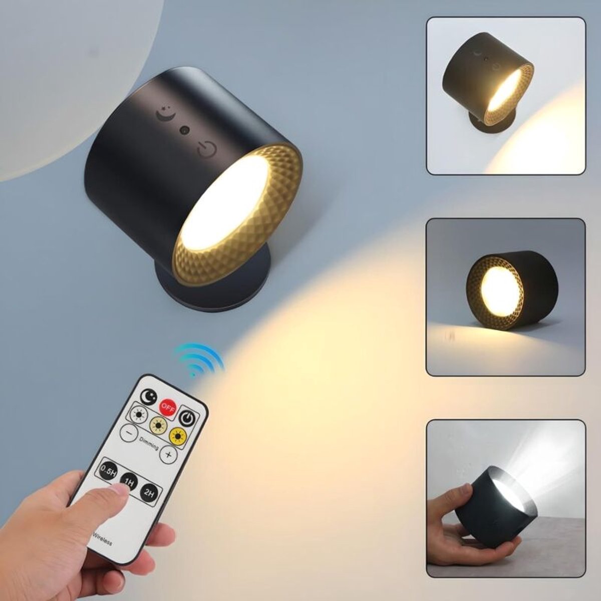 Zwarte binnenwandlamp geschikt voor 3 kleurtemperatuurinstellingen, 360° draaibare, aanraakgevoelige LED-wandlamp, USB-oplaadpoort, aanraakbediening en LED-nachtlampje, geschikt voor slaapkamers, keukens, gangen en woonkamers.