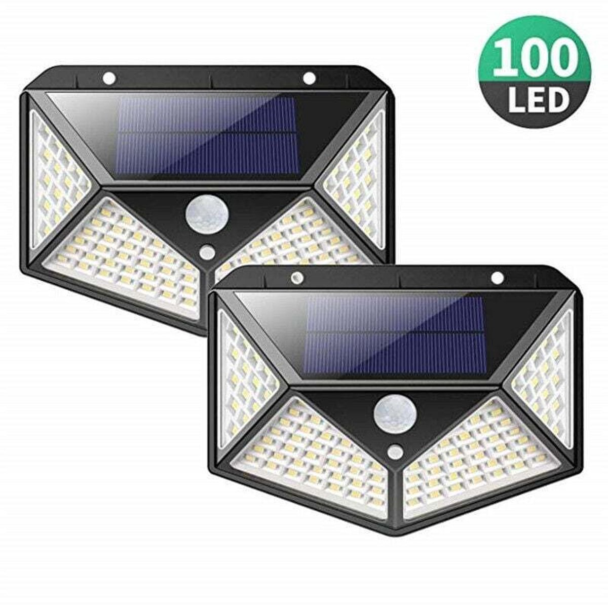 Buitenverlichting op zonne-energie [Hoogrendementsversie, 2 stuks]: 100 LED-lampjes, 2200 mAh batterij, waterdichte buitenverlichting, stralingshoek van 270°, zonnelamp geschikt voor bewegingssensor, stralingshoek van 180°, zonnespot