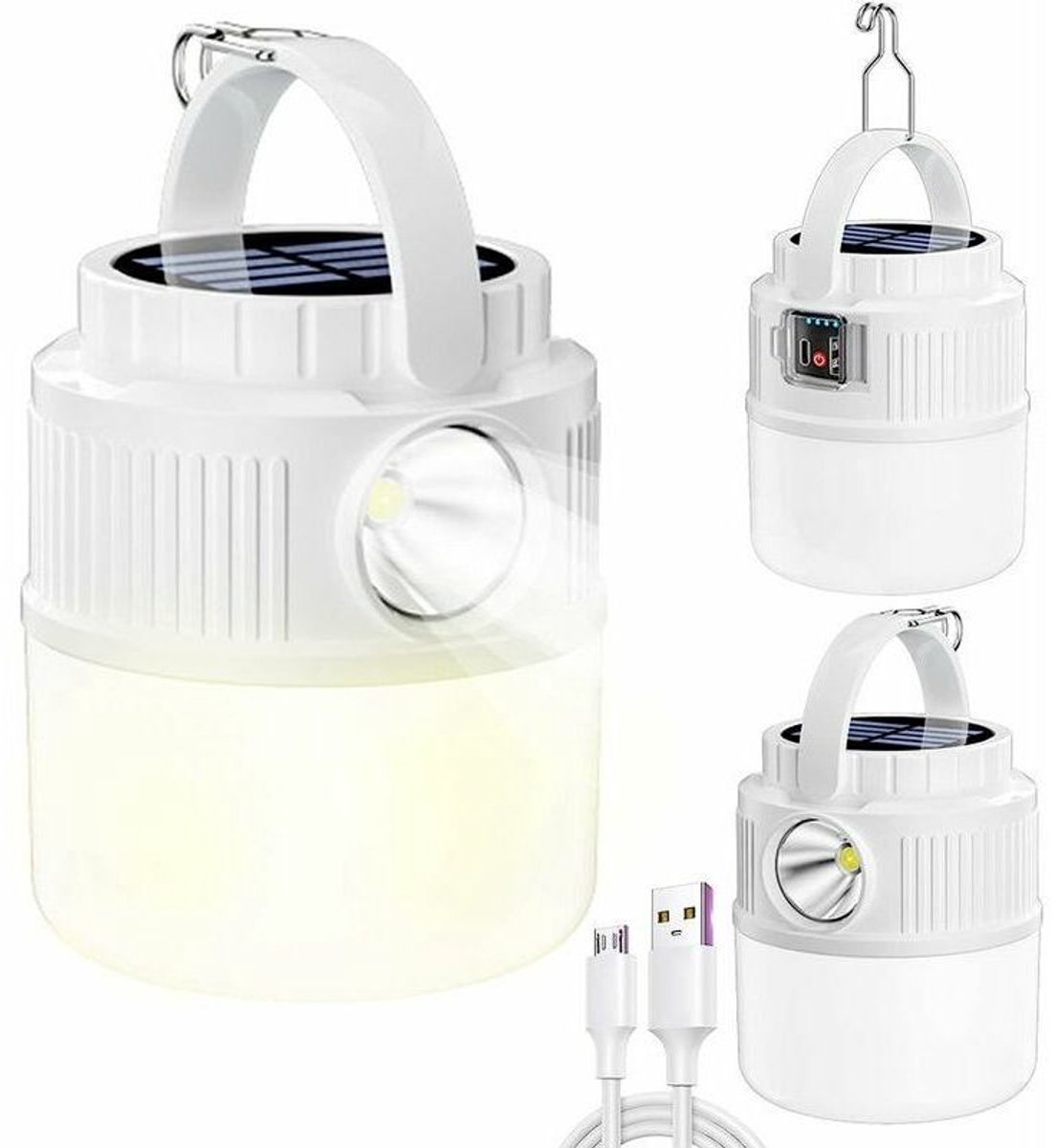 Eén LED-kampeerlamp op zonne-energie, oplaadbaar via USB, vier standen, draagbaar en waterdicht ontwerp, nieuwe multifunctionele dubbele LED-buitenlamp, geschikt voor wandelen en noodkamperen.