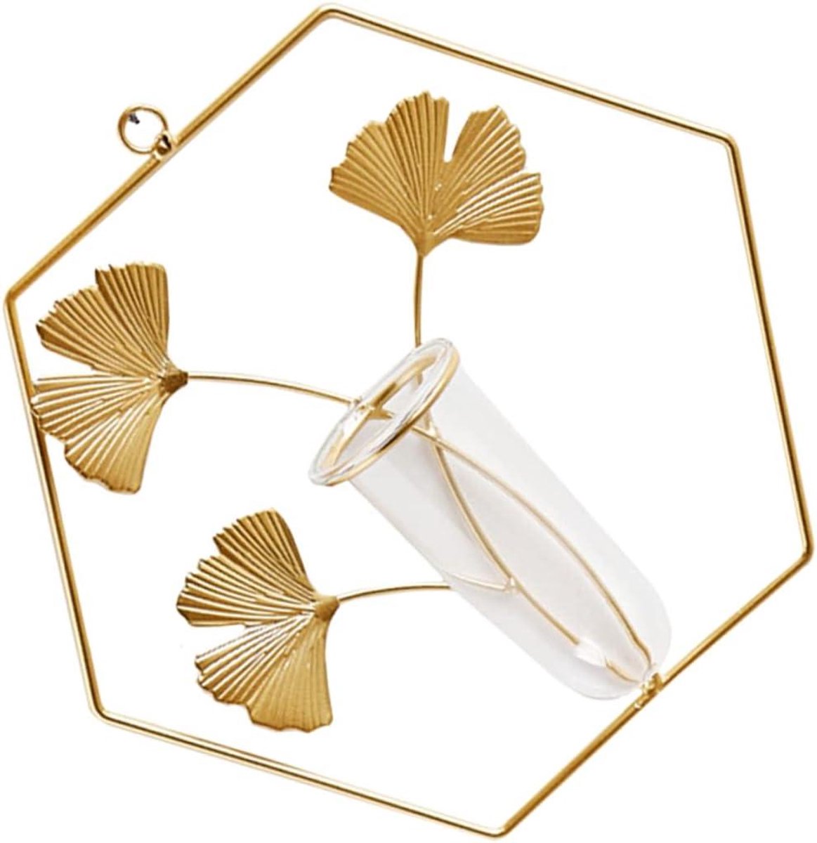 Wanddecoratie Vaas - Hangende Vaas Glas - Planten Presenteren - Geometrisch Gouden Frame - 26x24cm - Goud