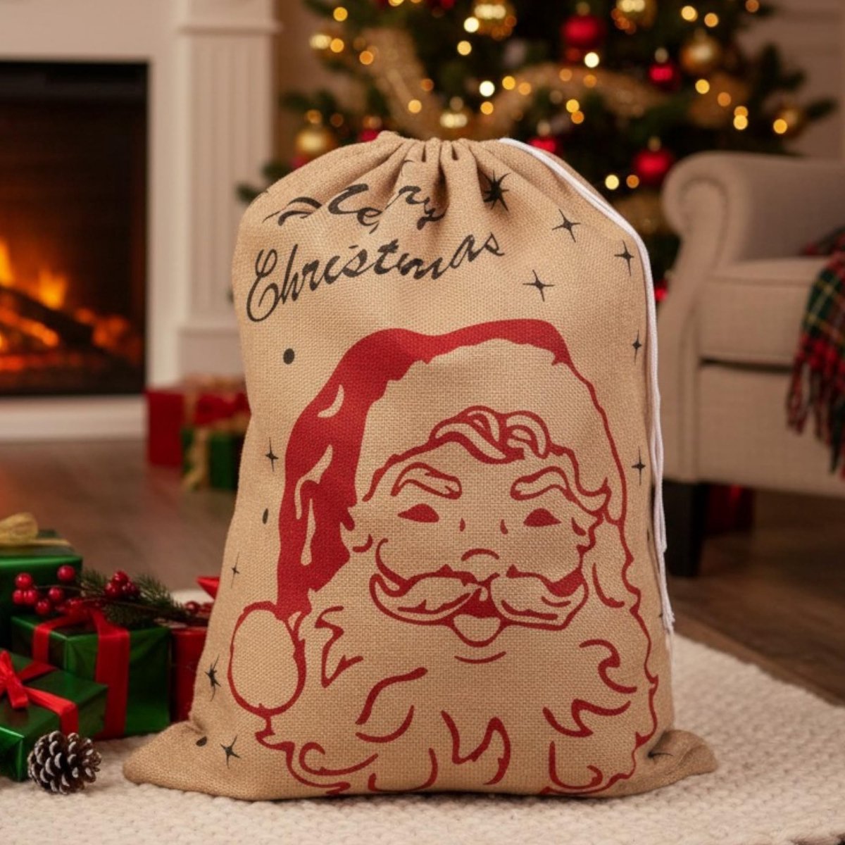 Dailygoods - Jute Geschenkzak 70 cm met Vintage Kerstman Motief, Herbruikbaar