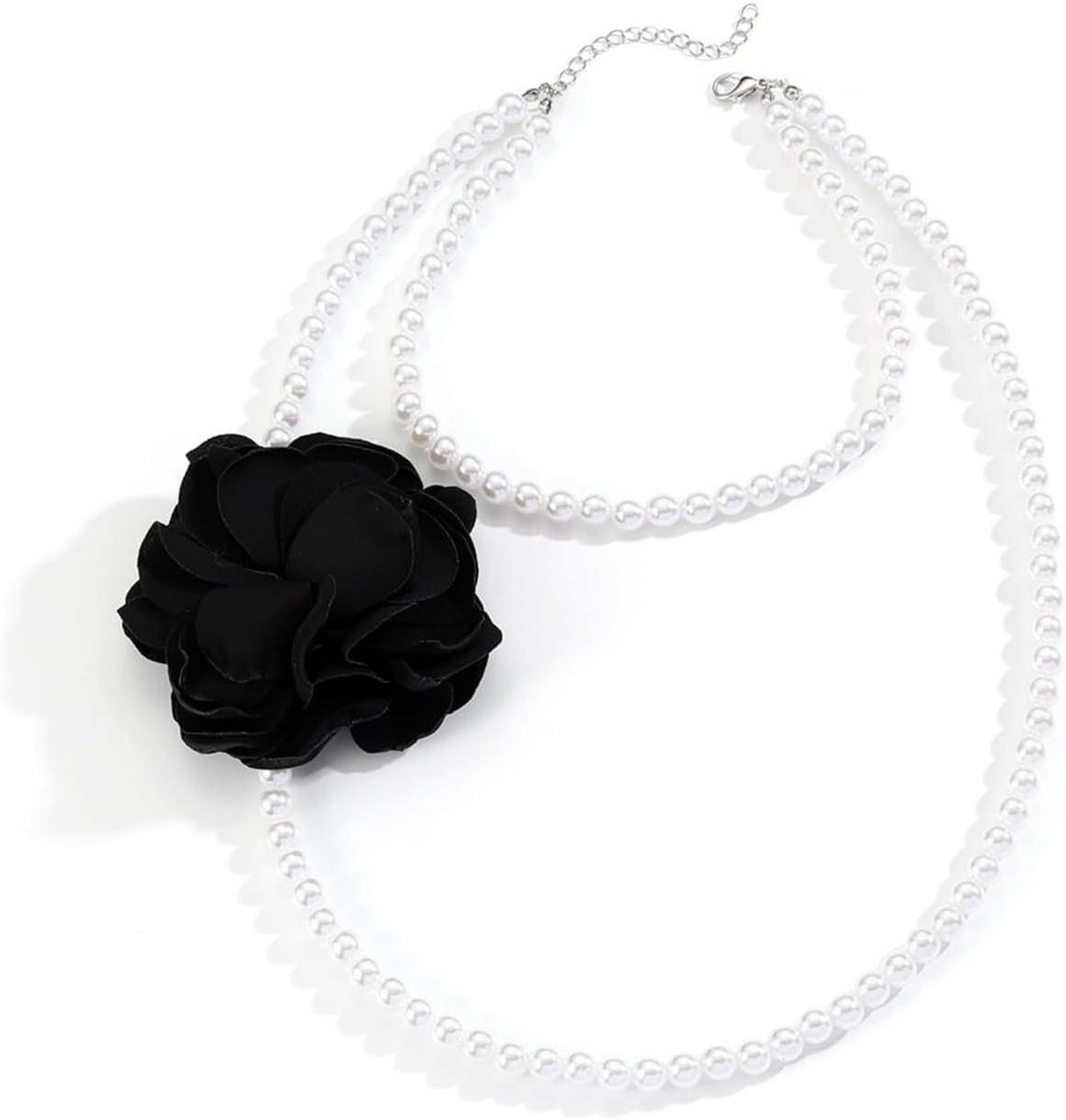 Bloemen Parel Ketting - Stoffen Ketting - Feestelijke Accessoire - Gelaagd Design - Verstelbaar - Rood Zwart Wit