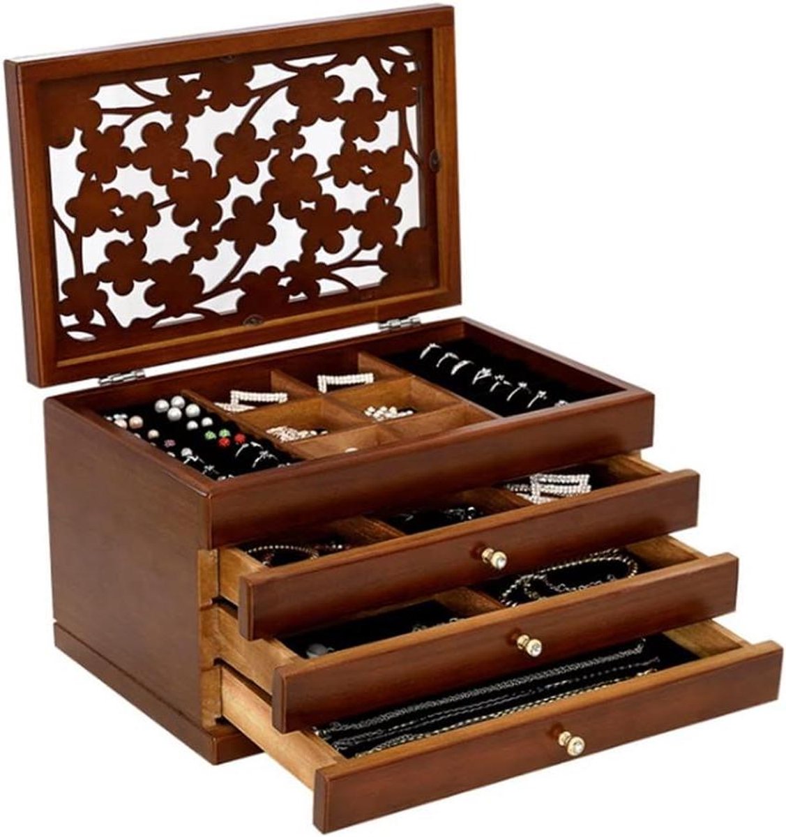 Juwelendoos Hout - Opbergkist Sieraden - Sieraden Organiseren - Vier Lagen Drie Lades - 29.5 cm Lang - Niet gespecificeerd