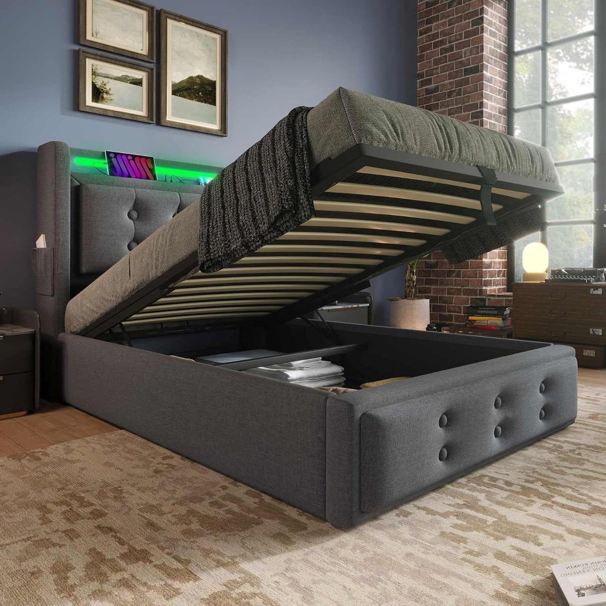 Upholstered Bed - Gestoffeerd Bed - Slaapkamer Inrichting - Geïntegreerde USB Poorten - 90