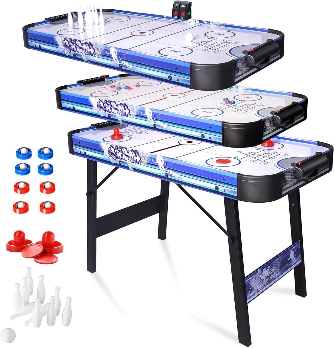 Luchthockeytafel - Opvouwbaar spel - Gezinsvermaak thuis - 3-in-1 speelplezier - 122 cm - Blauw