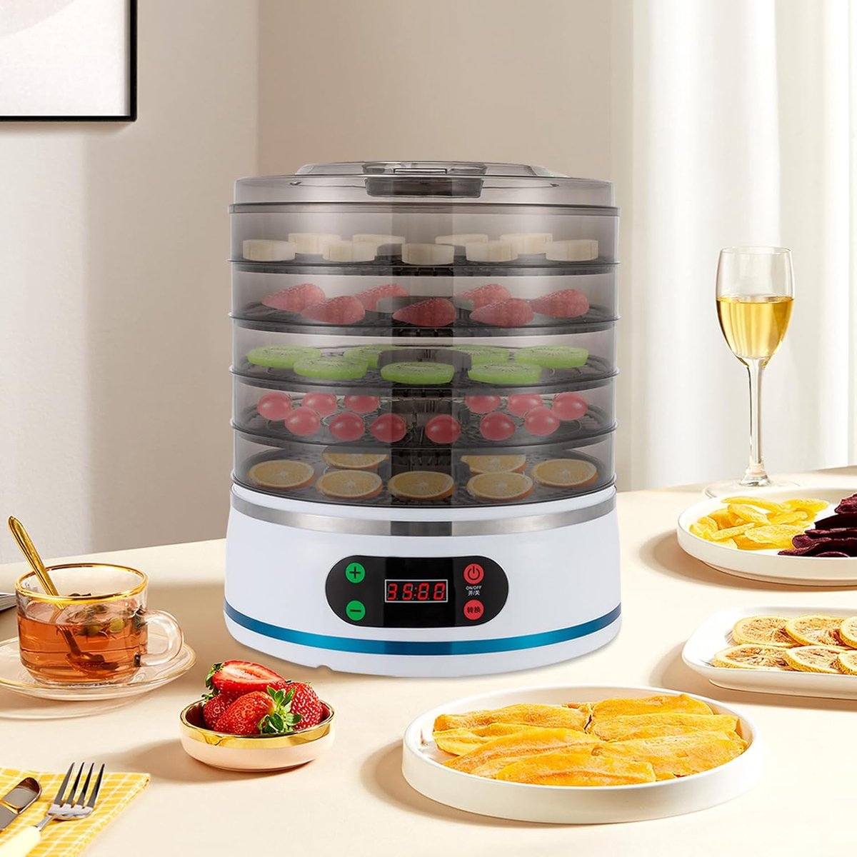 Elektrische voedseldroger - Voedseldehydrator machine - Voedsel drogen - 5 droogrekken - 28 x 32 cm - Wit