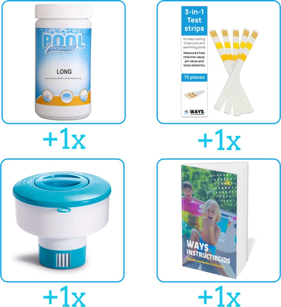 Zwembad Onderhoudspakket - Onderhoud Zwembad - bevat Chloor - Testrips - Chloordrijver en Zwembadgids (4-delig)