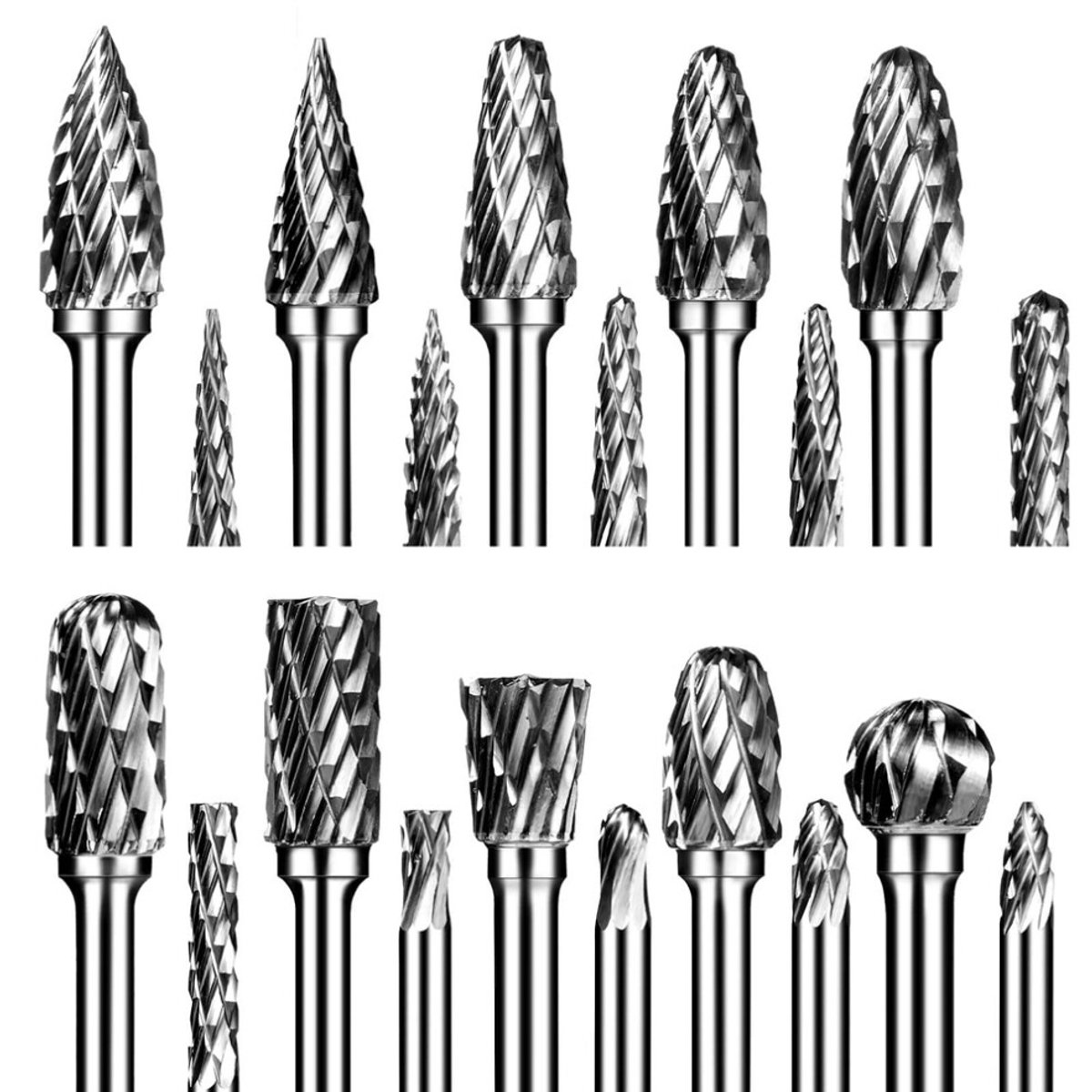 Set van 20 dubbelzijdige roterende vijlen van wolfraamcarbide met een schachtdiameter van 1/8 inch, geschikt voor houtbewerking.