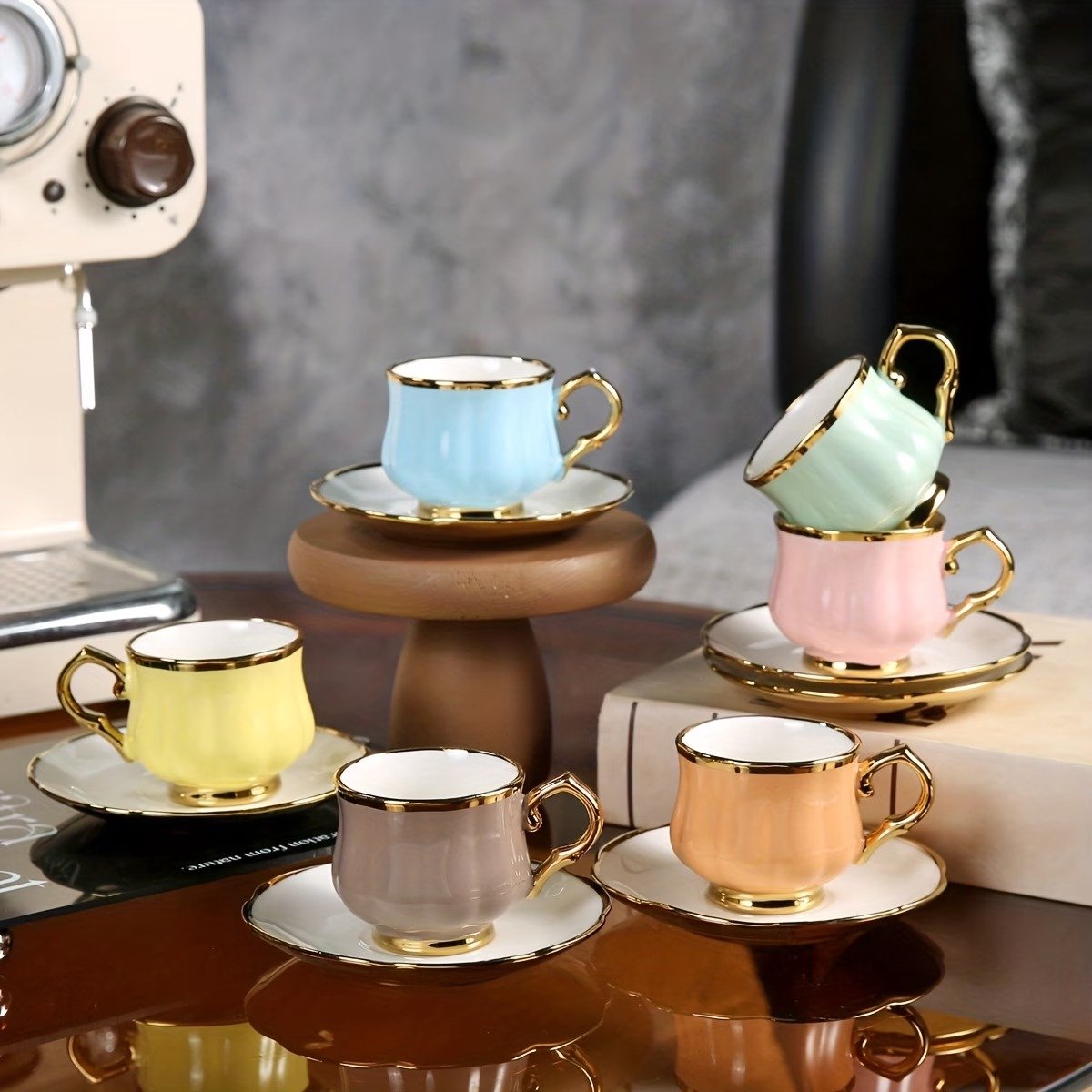 6-delige Keramische Koffiekop en Onderzet Set voor Thuis Keuken, 90 ML