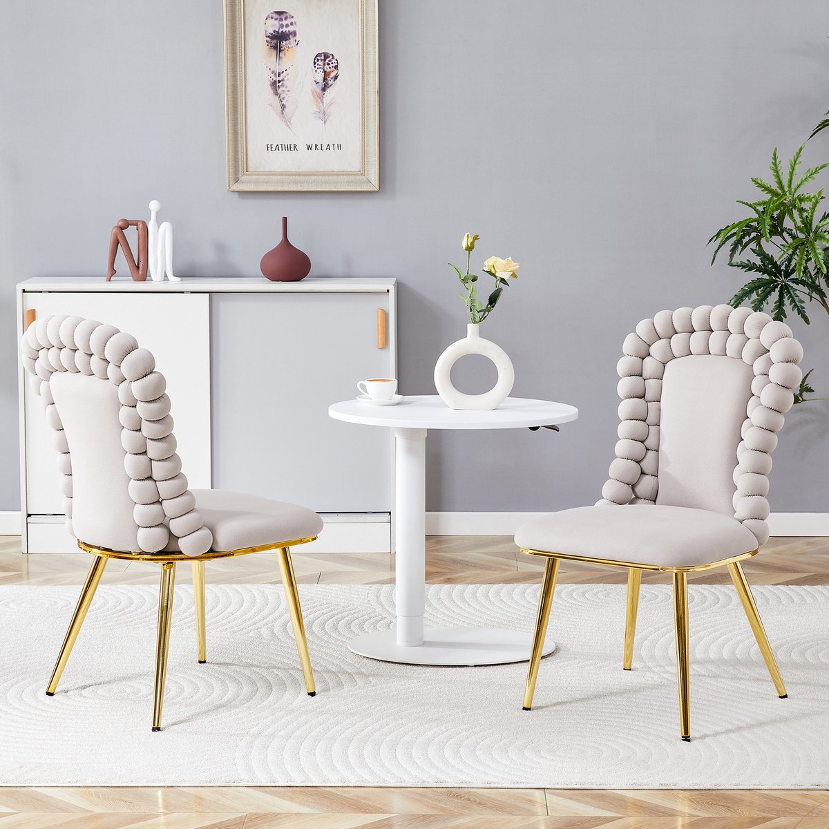 REDOM Eetkamerstoelen set van 2 - Hoge rugleuning met bolletjeskettingdetail - Lichtgrijs velvet