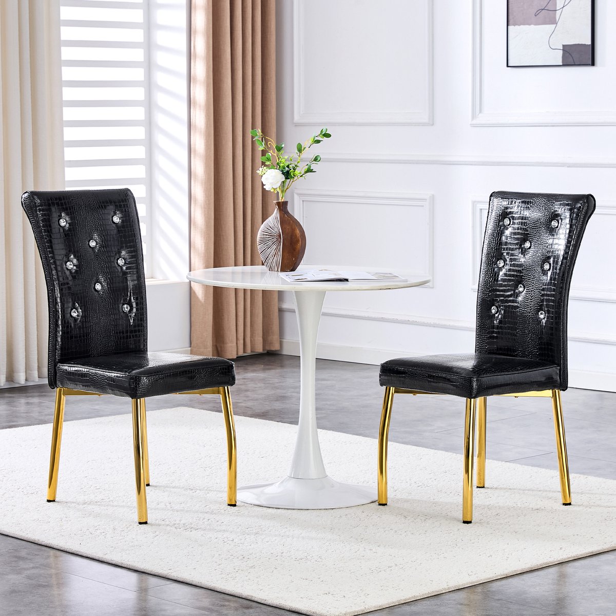 REDOM Eetkamerstoelen Set van 2 - Gestoffeerd en Waterafstotend - Retro - Eethoek - Metaal en PVC - Zwart en Goud Zwart, Goud