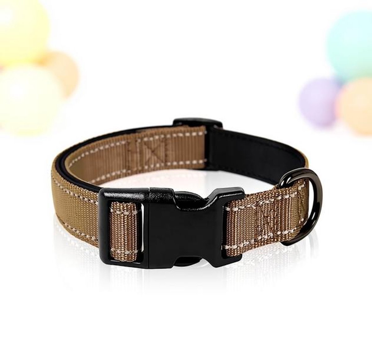 ElleMooi Reflecterende Honden Halsband, Verstelbaar, Neopreen Gevoerd, Nylon, Veiligheidsgesp - Bruin, Maat M