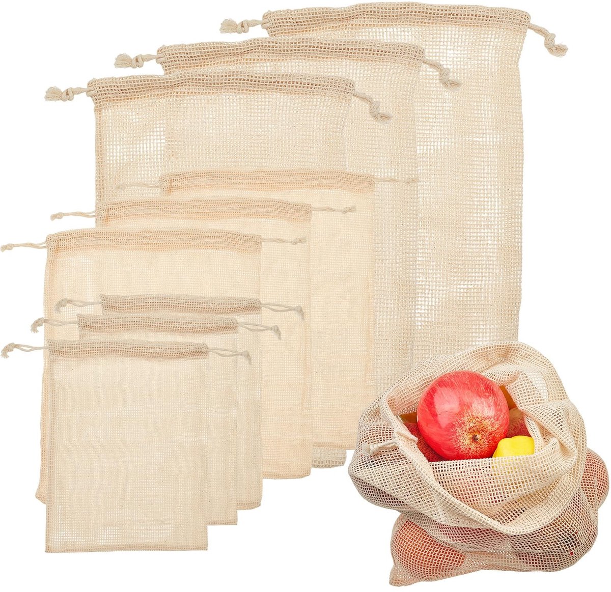 Dailygoods- Netzakken 12 Stuks - Herbruikbare Boodschappentassen - Katoenen Tassen - Voor Groenten/Fruit - Multisize Set - 20x25/20x30/28x35 cm - Boodschappentas