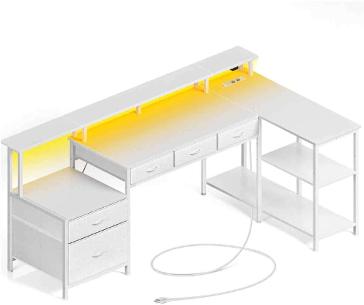 Rolanstar L Vorm Gaming Bureau Met Laden Stopcontact LED Verlichting En Monitorstand Hoekbureau Omkeerbaar 163 Cm Computer Bureau Voor Kantoor En Thuis Wit