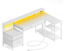 Rolanstar L Vorm Gaming Bureau Met Laden Stopcontact LED Verlichting En Monitorstand Hoekbureau Omkeerbaar 163 Cm Computer Bureau Voor Kantoor En Thuis Wit