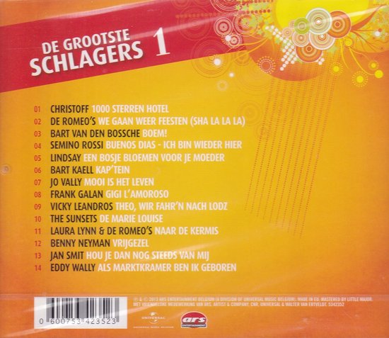 Achterkant cd-hoes van 'De Grootste Schlagers 1' met een lijst van nummers, artiesten, copyrightinformatie en logo's.