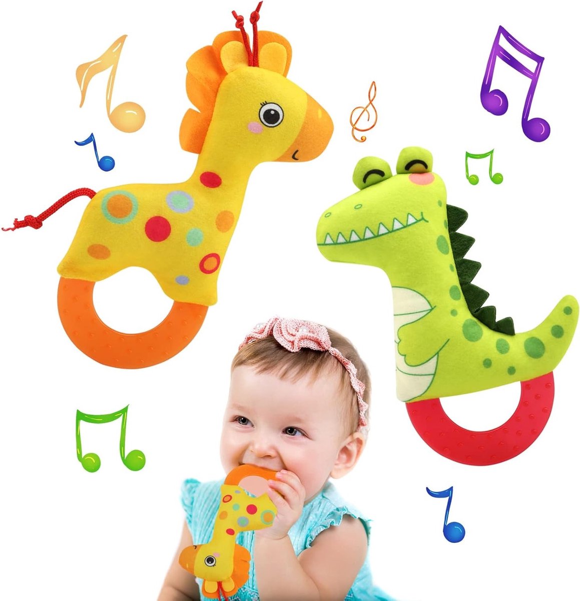 2 Stuks Baby Rammelaars voor 0-12 Maanden, Giraffe en Krokodil, Zachte Sensory Speelgoed, Bijtring en Educatief Rammelaar voor Pasgeborenen