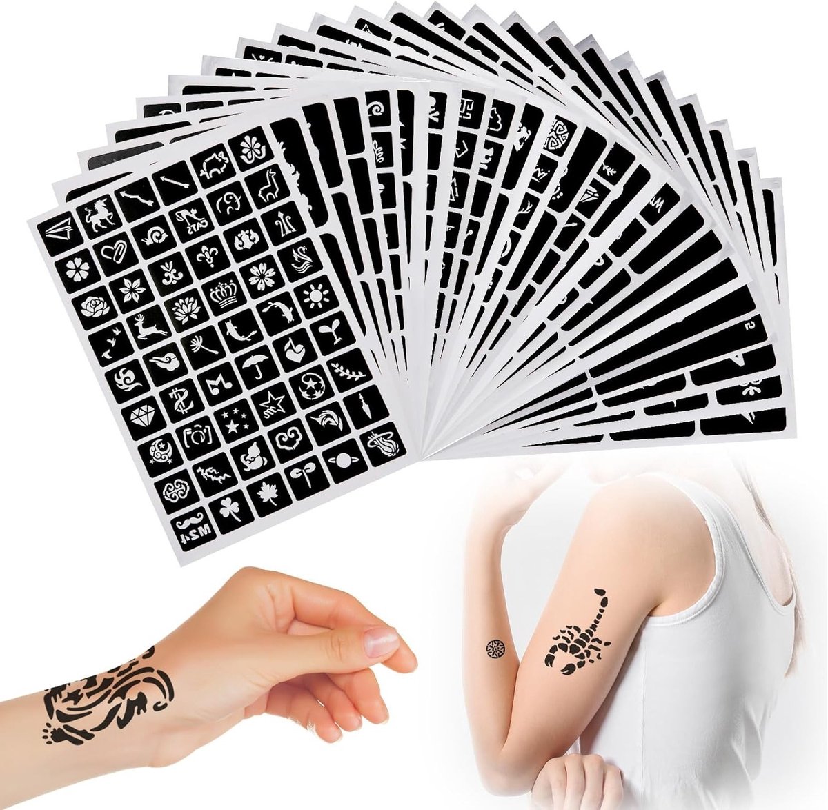 Set van 28 Henna Sjablonen voor Tijdelijke Tattoos, Gezichtsverf en Lichaamskunst - Creatieve Tattoo Stencils voor Feestjes en Evenementen