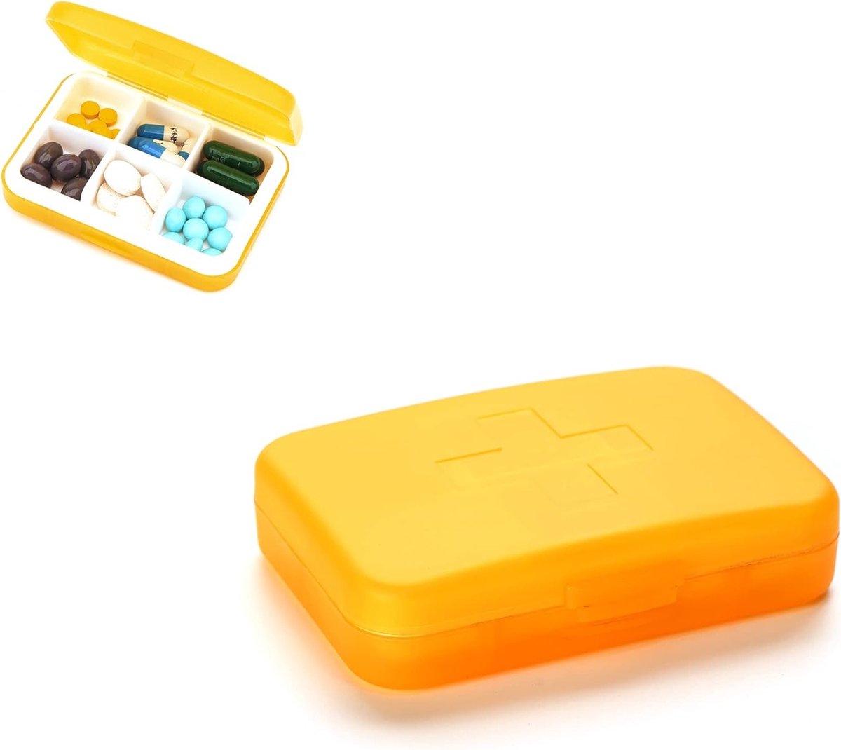 Weekdoos voor Medicijnen, Draagbare Pillen Organizer met 6 Compartimenten, Ideaal voor 6 Dagen, Geschikt voor Gezondheidsproducten en Kleine Accessoires, Handig voor in je Tas of Pocket (Oranje)