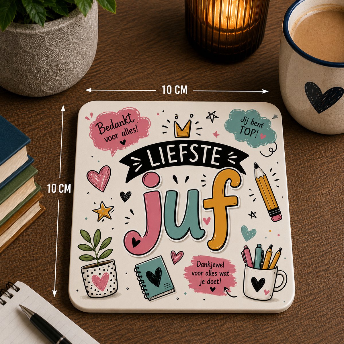 Liefste Juf Onderzetter 10x10 cm – Keramische Onderzetter met Bloemen – Cadeau voor Juf – Bedankje Einde Schooljaar
